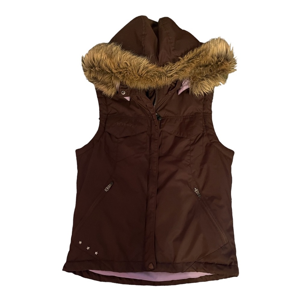 Columbia Brown Puffer Vest w/ Faux Fur Hood
